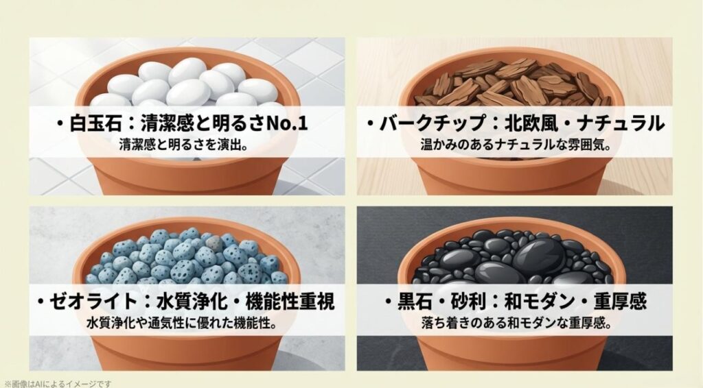 清潔感のある白玉石、ナチュラルなバークチップ、機能的なゼオライト、和モダンな黒石など、素材ごとの演出効果を比較したスライド