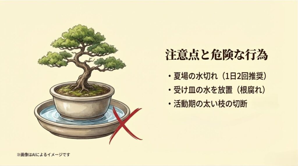 受け皿の水の放置による根腐れへの警告と、夏場の水切れ注意を促すイラスト
+1