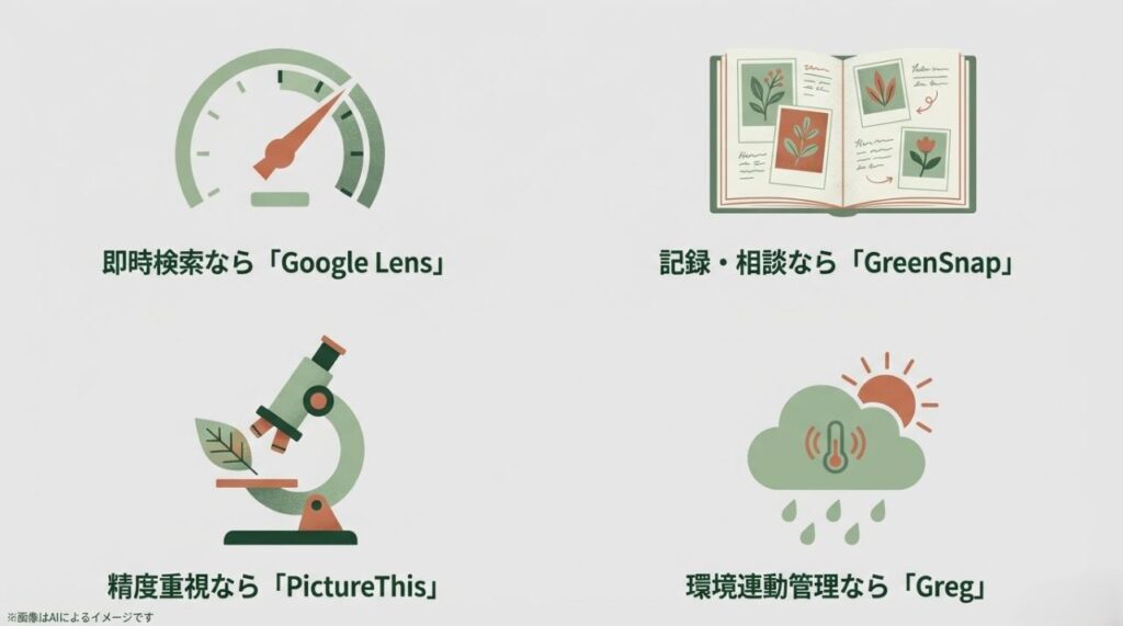 検索・記録・精度・環境連動といったアプリごとの得意分野を、顕微鏡や太陽のアイコンで分類した比較スライド
