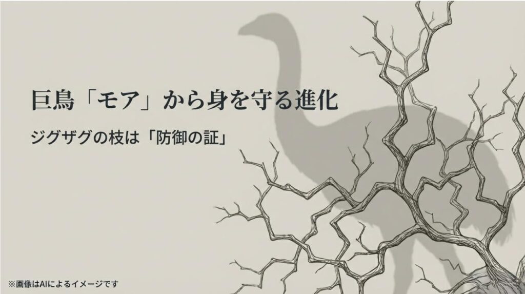 絶滅した巨鳥モアの攻撃から身を守るために、枝をジグザグに進化させた理由を解説するスライド