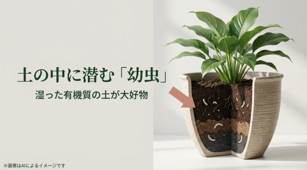 観葉植物の鉢植えの土の中に潜んでいるコバエの幼虫の断面イメージ
