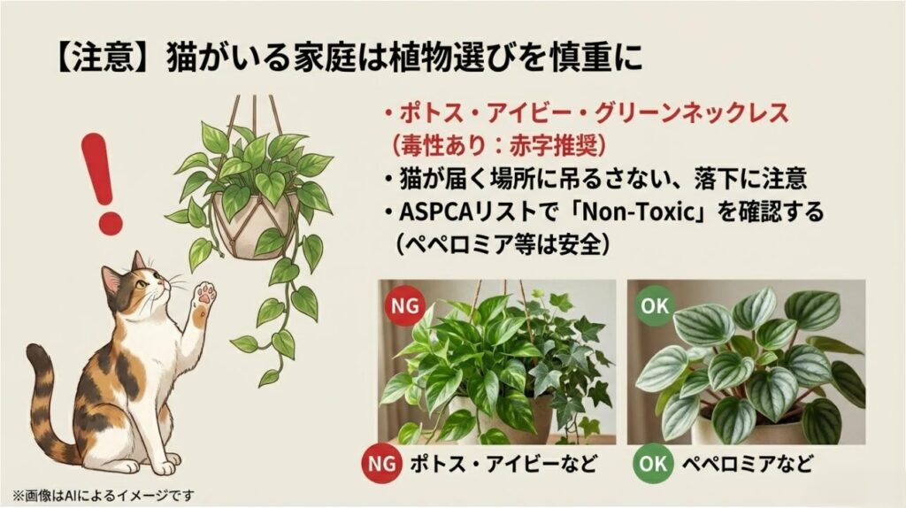 猫が植物を見上げているイラストと、猫に安全な植物と有毒な植物を視覚的に分かりやすく比較した解説スライド