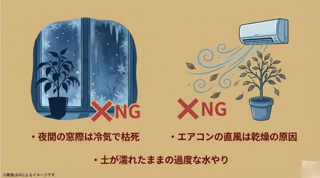 霜の降りた窓際やエアコンの風が当たる場所に置かれた植物に「×NG」と記された注意喚起スライド