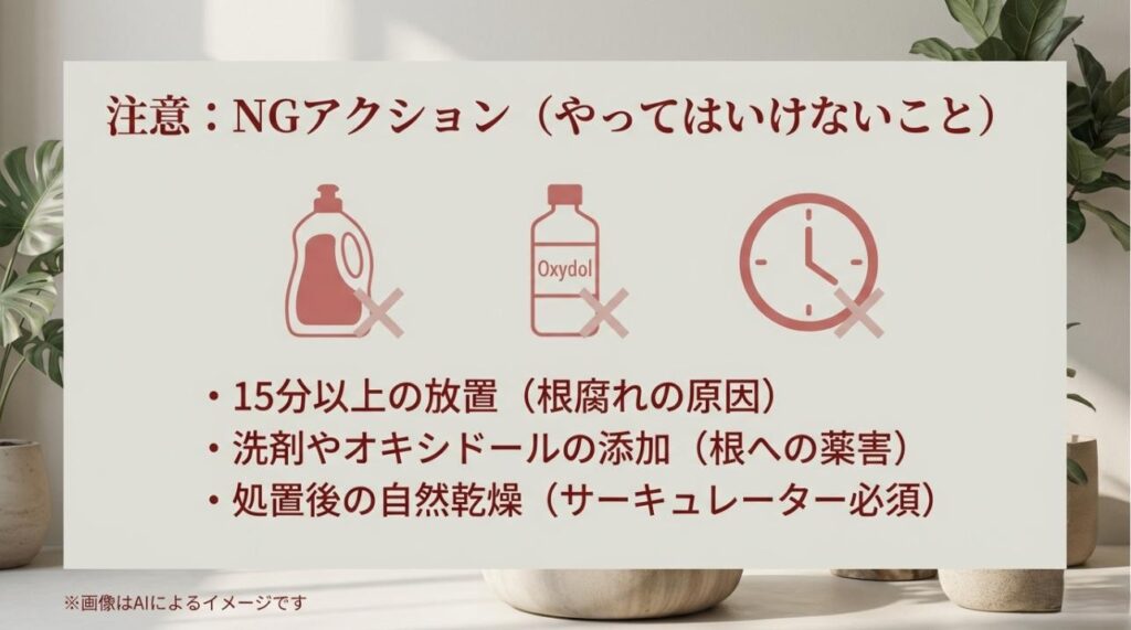 15分以上の放置、洗剤の添加、自然乾燥の放置を禁止するアイコン付きのスライド