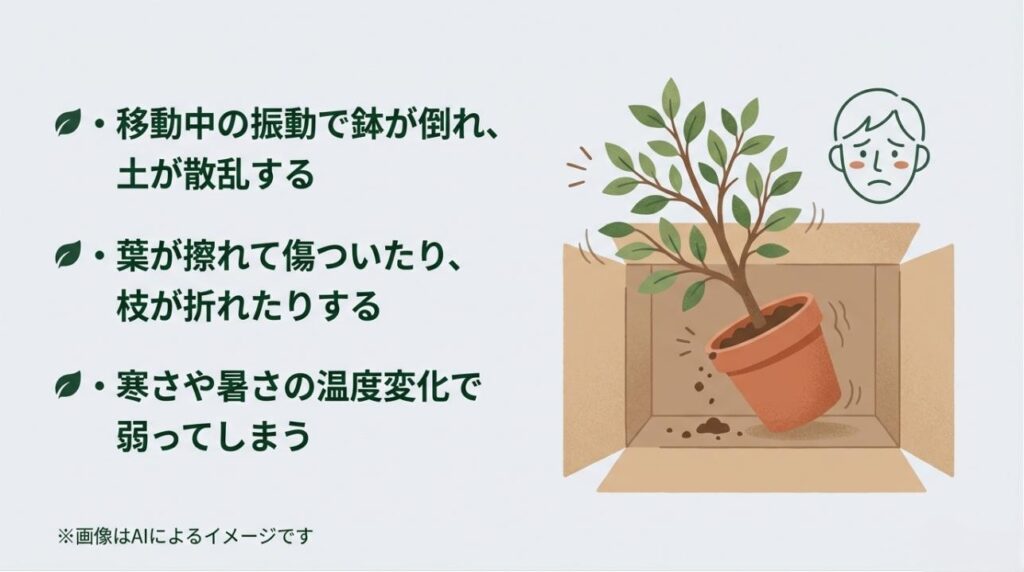 振動で鉢が倒れて土が散乱したり、葉が傷ついたりするリスクを説明するイラスト