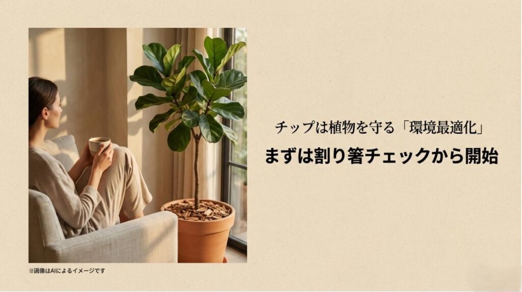 観葉植物の傍らでリラックスする女性と、まずは割り箸チェックから始めようというメッセージを込めたまとめスライド