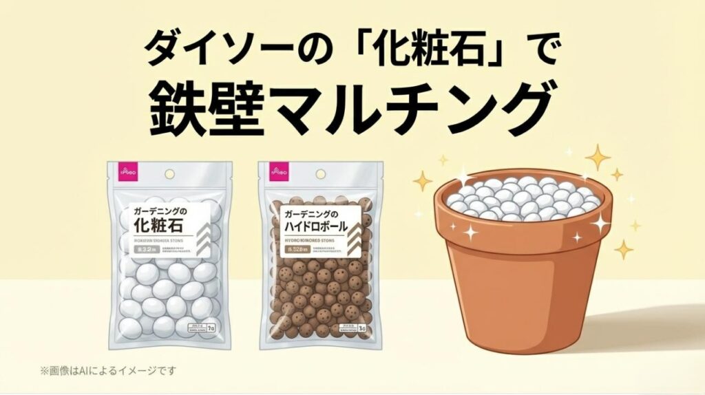 ダイソーのパッケージに入った「ガーデニングの化粧石」と「ハイドロボール」の製品イメージ