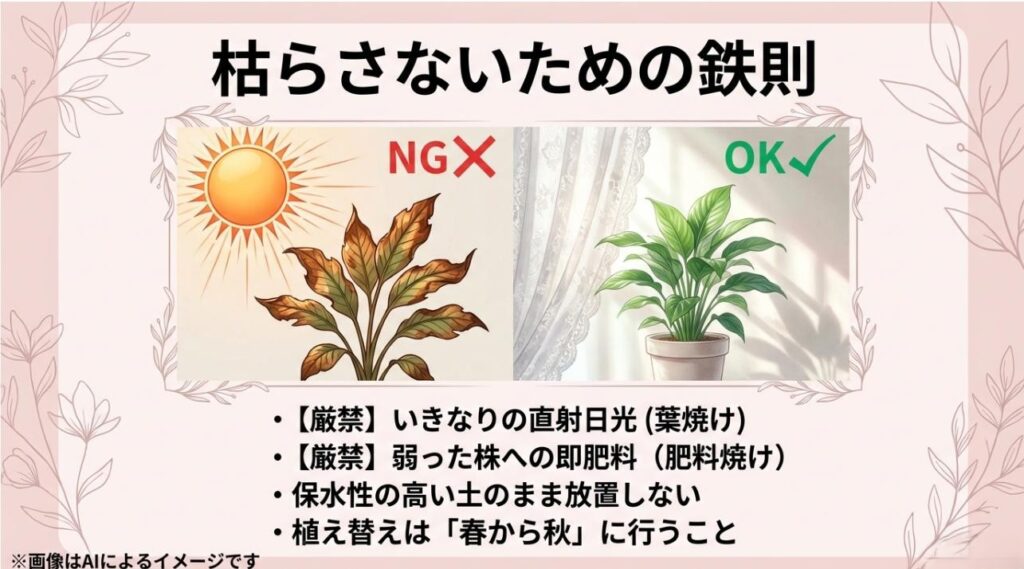 直射日光や即肥料の厳禁(NG)と、適切な植え替え時期や土の管理(OK)を比較して解説した初心者向けガイド