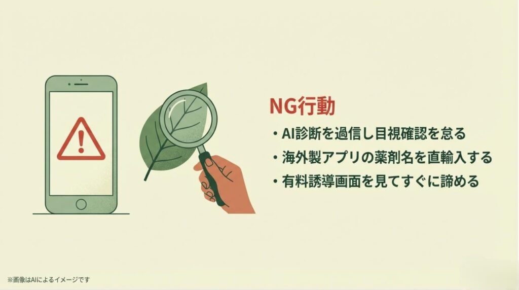 スマートフォンに表示された大きな警告マークと、過信や薬剤名の誤用、課金画面での諦めなどの注意点をまとめたイラスト