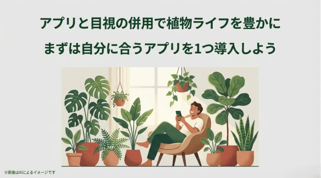 たくさんの元気な観葉植物に囲まれたリビングで、笑顔でスマートフォンを眺める男性のくつろいだ様子