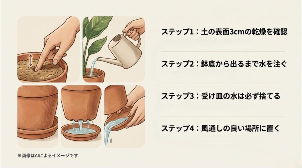 土の乾燥確認から、水やり、受け皿の掃除、風通しの確保までを順に解説したイラスト