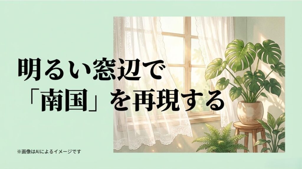 レースのカーテン越しに光が差し込む明るい窓辺に置かれた観葉植物のイメージ