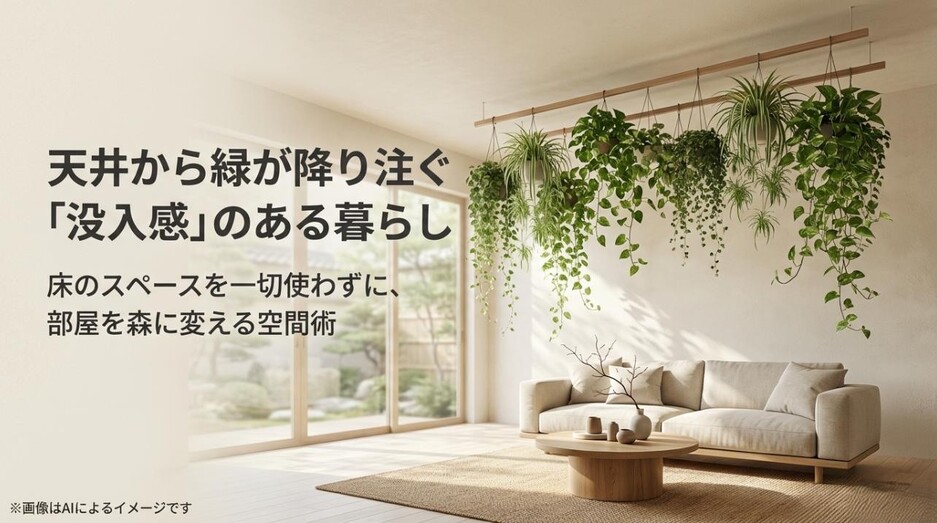 おしゃれなリビングの天井から瑞々しい観葉植物が吊り下げられ、森の中にいるような没入感を演出しているアイキャッチ画像