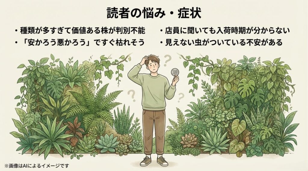 種類が多すぎて選べない、入荷時期が不明、すぐ枯れそう、虫が不安といった、100均植物に関する一般的な悩みをまとめたスライド