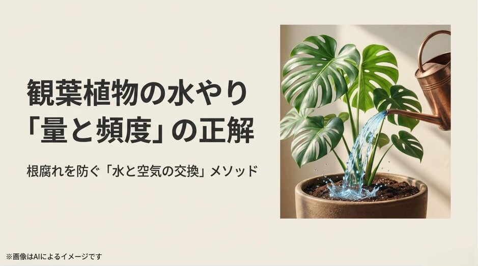 モンステラにジョウロでたっぷりと水を与えているアイキャッチ画像と、水やりの正解を伝えるタイトル