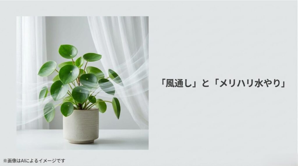 窓際の植物に風が当たっている様子と、健やかな成長に欠かせない「風通し」「メリハリ水やり」の文字