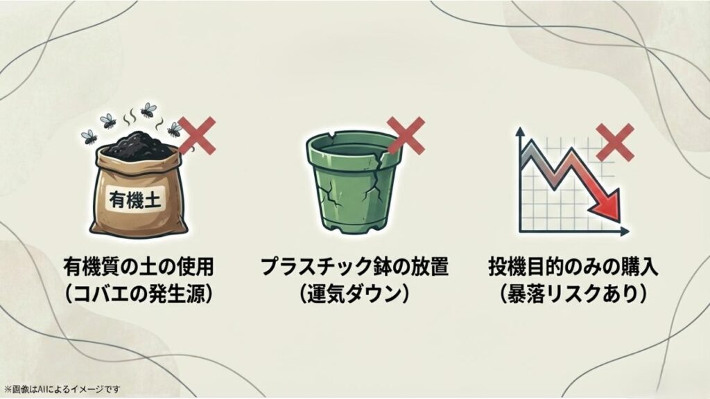 有機質の土の使用、プラスチック鉢の放置、投機目的のみの購入がNGであることを示すスライド