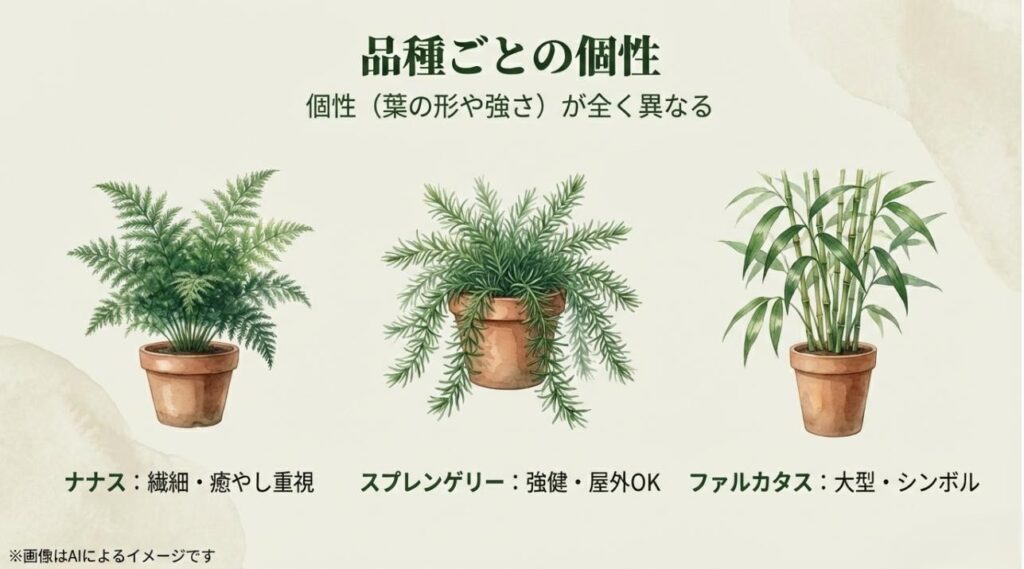 ナナス(癒やし)、スプレンゲリー(強健)、ファルカタス(大型)の3種類のイラストと、それぞれの個性を一言でまとめたスライド