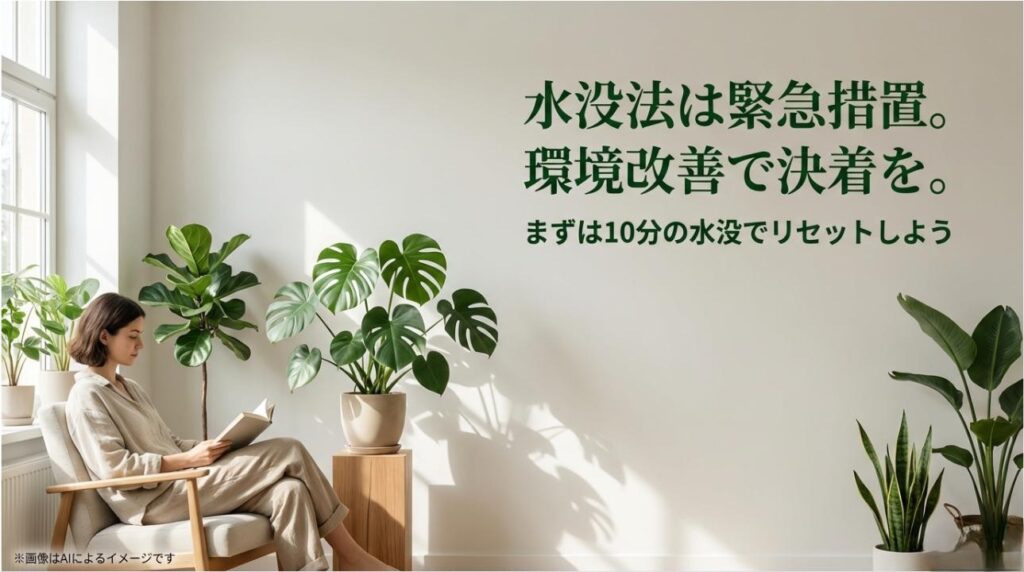 水没法はあくまで緊急の処置であり、環境改善が根本解決になることを伝えるメッセージ画像