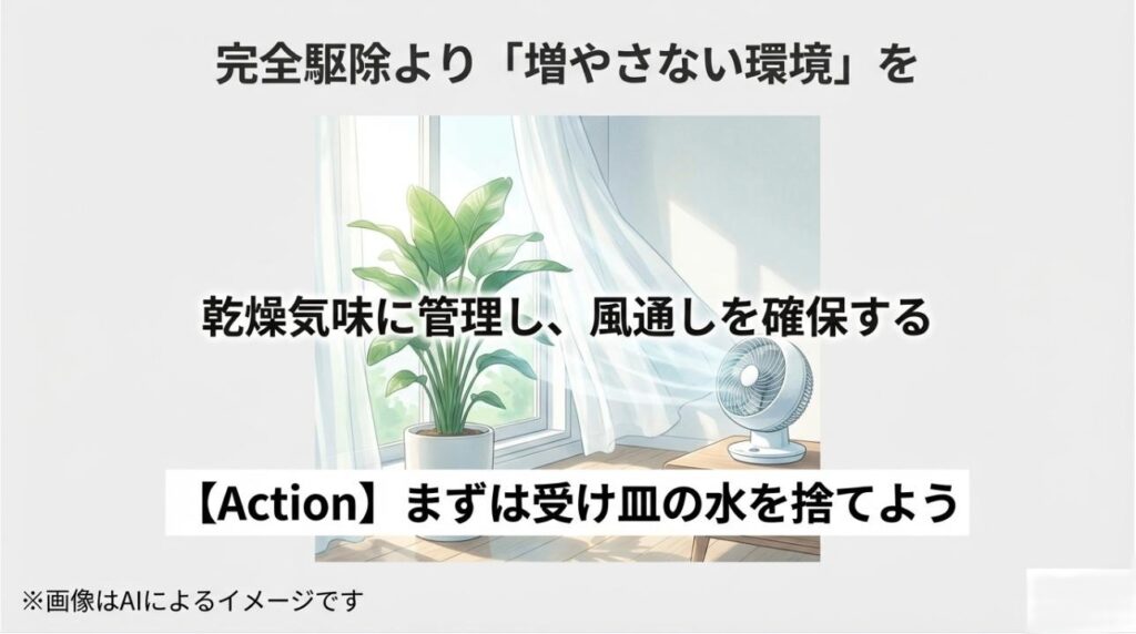 乾燥気味の管理と風通しの確保を推奨し、「まずは受け皿の水を捨てる」という具体的な行動を促すまとめスライド