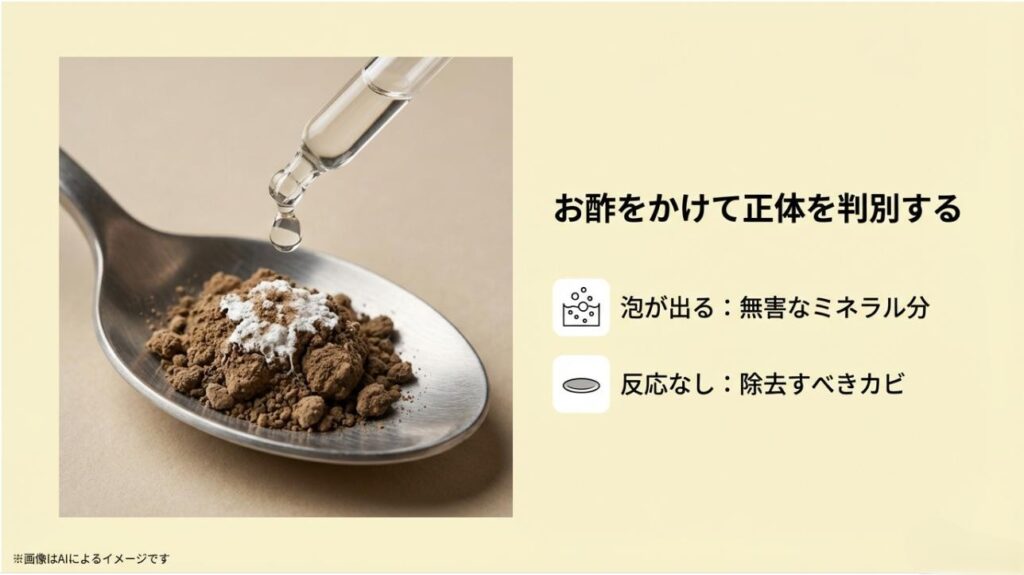 白い塊にお酢を垂らし、泡の有無でカビか無害なミネラル分かを判別する方法を図解したスライド