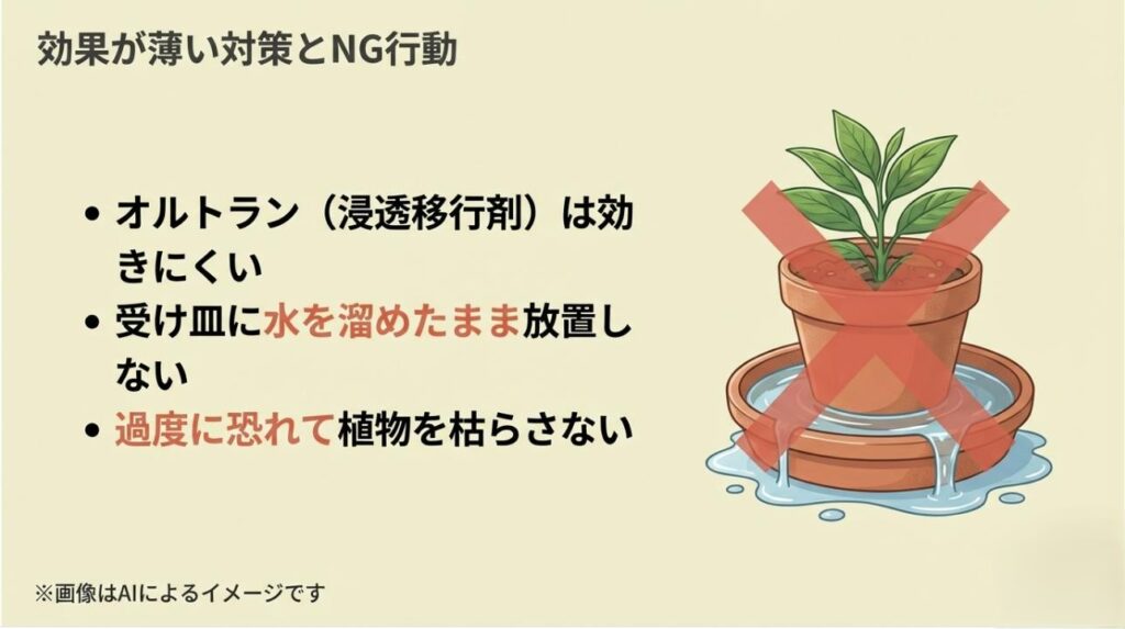オルトランが効きにくい理由や、受け皿の水を放置するNG行動に赤いバツ印をつけて警告しているスライド