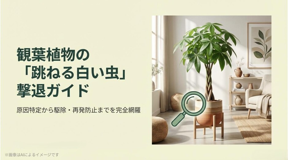 室内にあるパキラの鉢植えを虫眼鏡で観察している様子と、トビムシの駆除・再発防止を網羅したガイドのタイトルスライド