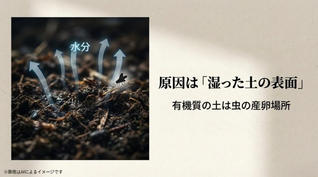湿った土の表面から水分が蒸発し、コバエなどの虫が産卵にやってくるメカニズムを示すイラスト