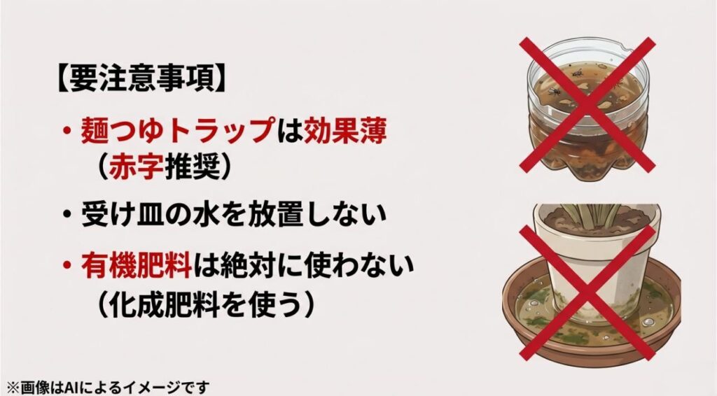 効果が薄いめんつゆトラップや、虫の温床となる受け皿の放置に×印をつけた注意喚起スライド