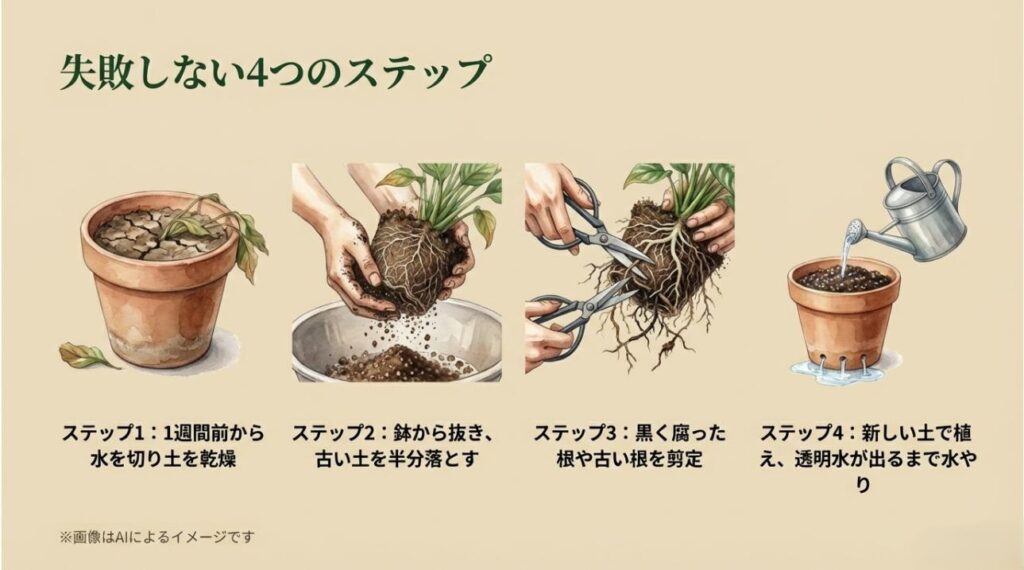 乾燥、土落とし、根の剪定、水やりの4つの工程をステップごとに描いた作業マニュアルスライド