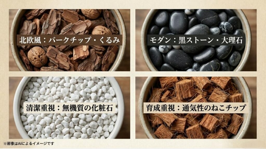 バークチップやくるみの殻、化粧石、ねこチップなど、スタイルや目的に応じたおすすめ素材をまとめた比較スライド