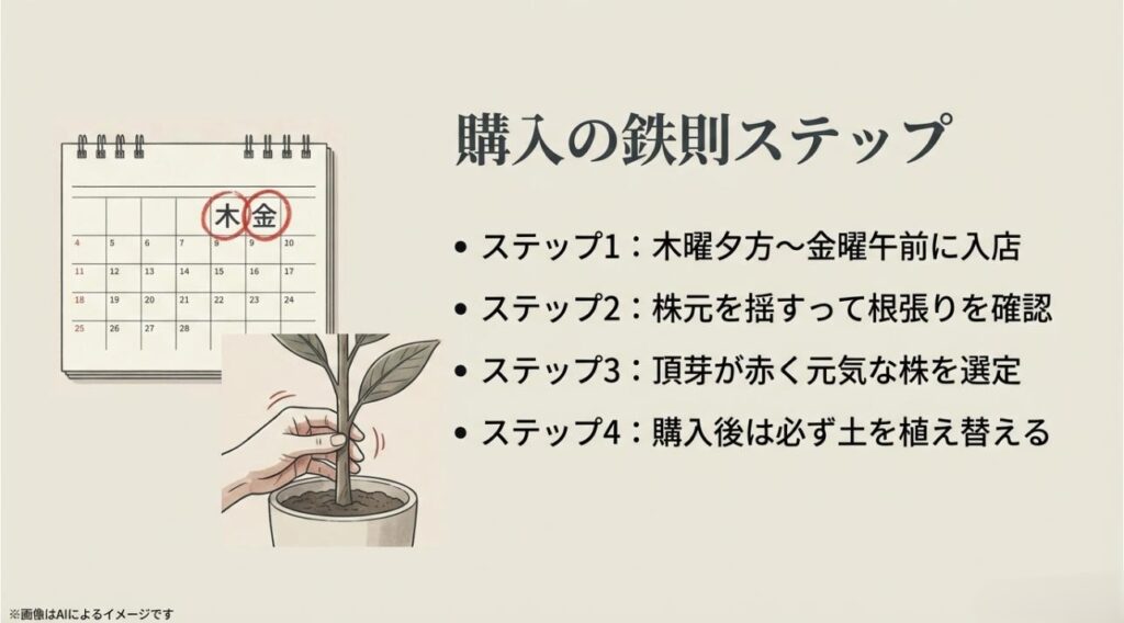 木曜・金曜の入店や根張りの確認、購入後の植え替えなど、元気な植物を手に入れるための4つのステップ