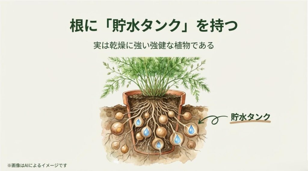 アスパラガスの鉢植えの断面図。根に水分を蓄える塊根(貯水タンク)があり、乾燥に強いことを示す図解スライド