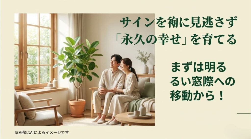 明るい窓際で幸せそうに過ごすカップルと大きく育ったアルテシマ。明るい場所への移動を推奨するまとめのスライド 
+1