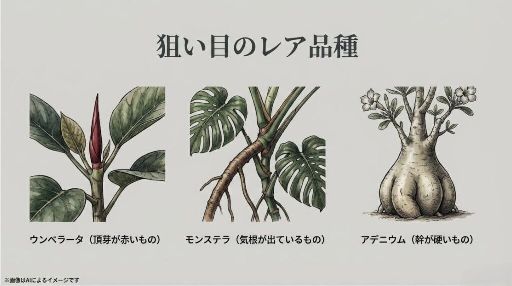 頂芽の色や気根の有無など、レアな人気品種を店頭で見分けるための具体的なチェックポイントをまとめたスライド