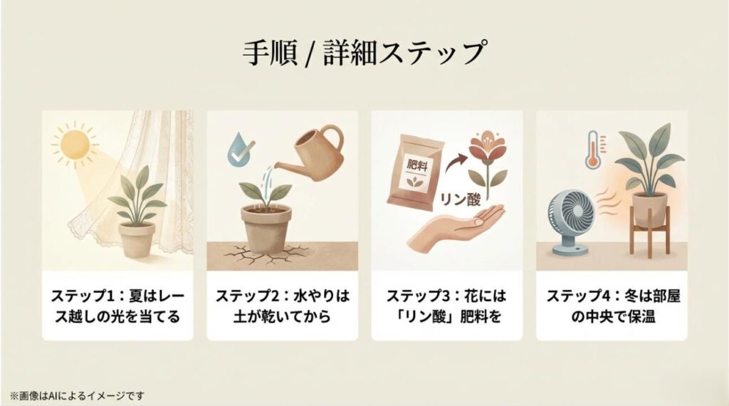 夏の光、水やりのタイミング、リン酸肥料、冬の保温の4つの管理ポイントを図解したスライド