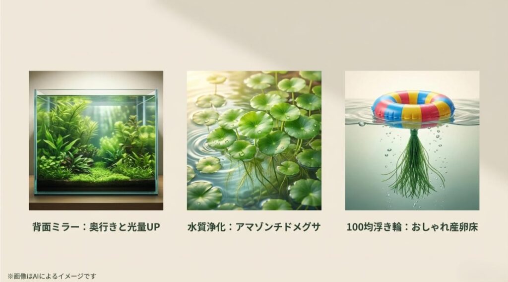 背面ミラーによる奥行き演出、アマゾンチドメグサによる水質浄化、100均のミニチュア浮き輪で作るおしゃれな産卵床のイメージ