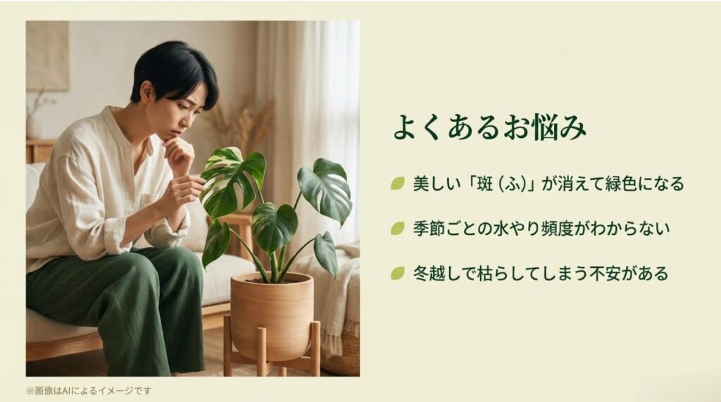 植物の状態を心配そうに見つめる人と、斑の消失・水やり・冬越しの不安をリストアップした課題提示のスライド