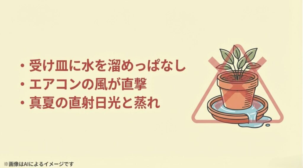 受け皿に水を溜める、エアコンの風、真夏の直射日光という、ソフォラを枯らす原因になる3つのNG行動