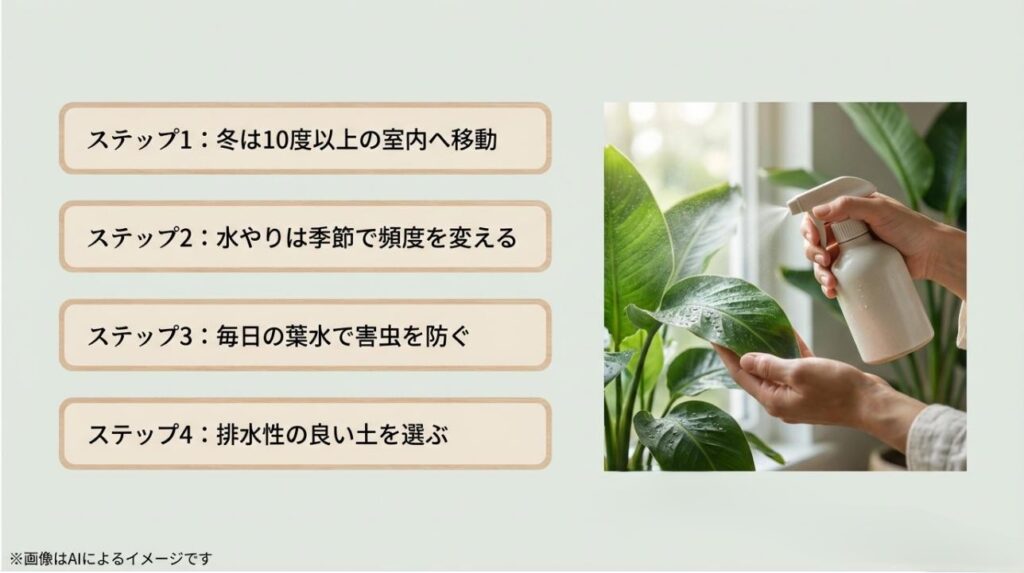 冬の移動、季節ごとの水やり、毎日の葉水、排水性の良い土選びの4項目をまとめた実用的なガイド