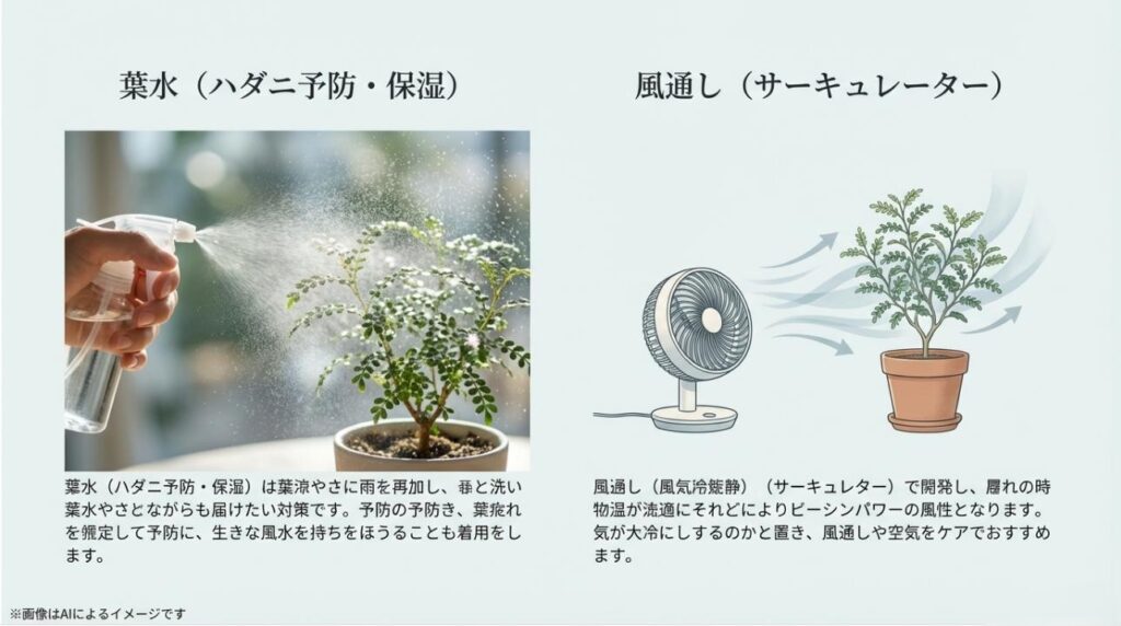 霧吹きで葉水を行う様子と、サーキュレーターで空気の流れを作る重要性を示したスライド
