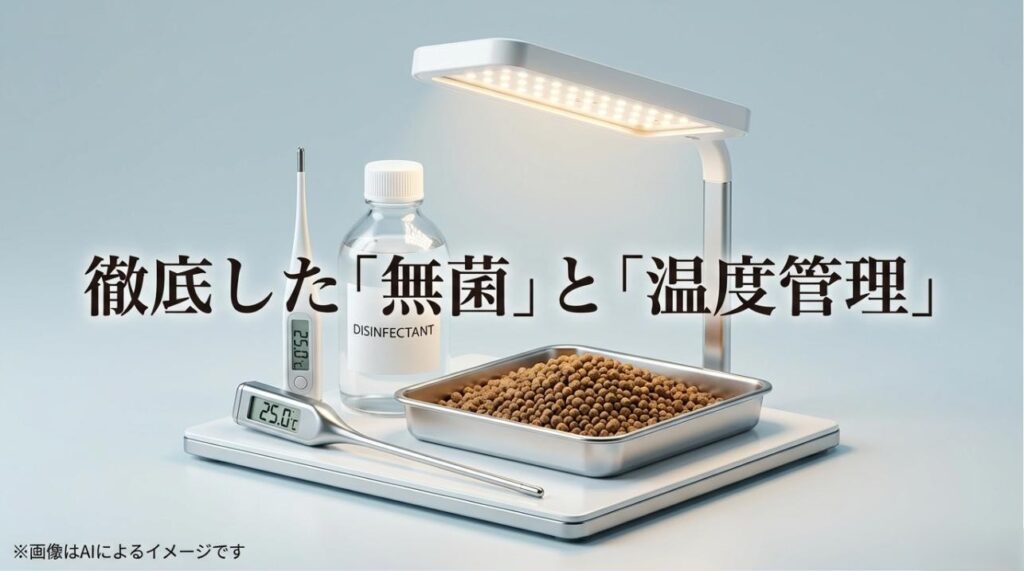 消毒液と温度計のアイコンを用い、実生における衛生管理と適切な温度設定の重要性を強調するスライド