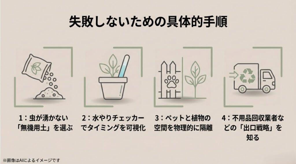 無機用土の選択、水やりチェッカーの活用、ペットとの隔離、不用品回収の検討という4つの対策を説明するアイコン集