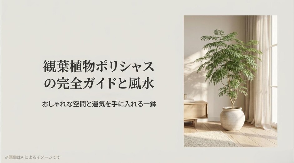 おしゃれな陶器鉢に植えられた美しいポリシャスの樹形と、記事タイトル「観葉植物ポリシャスの完全ガイドと風水」の文字
