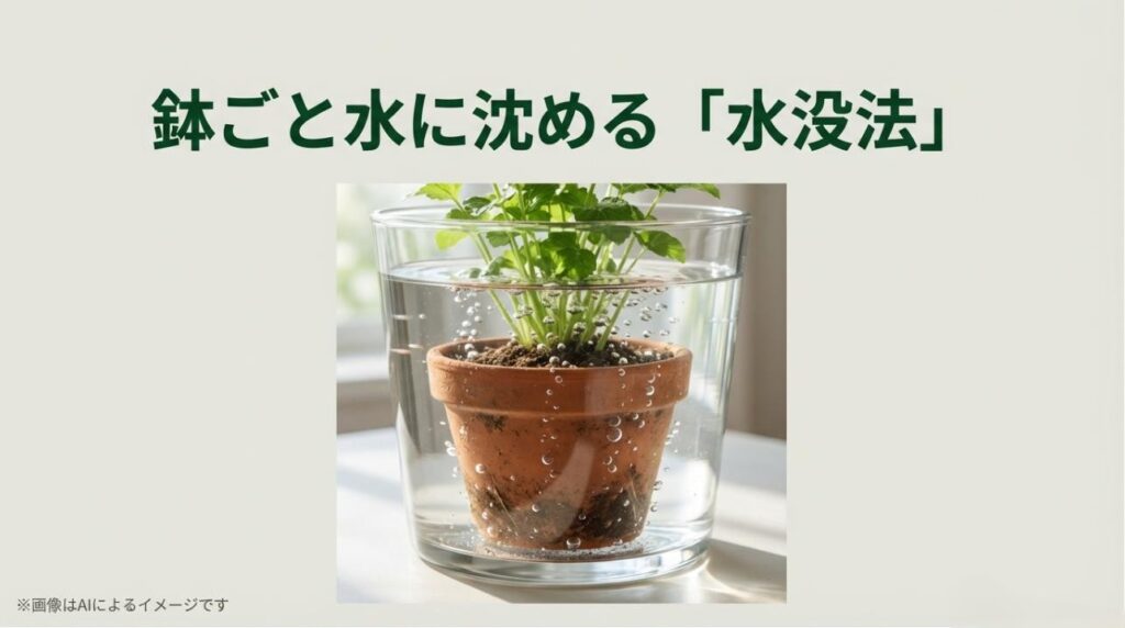 透明なバケツの中で観葉植物の鉢が完全に水に浸かっている状態のイメージ画像