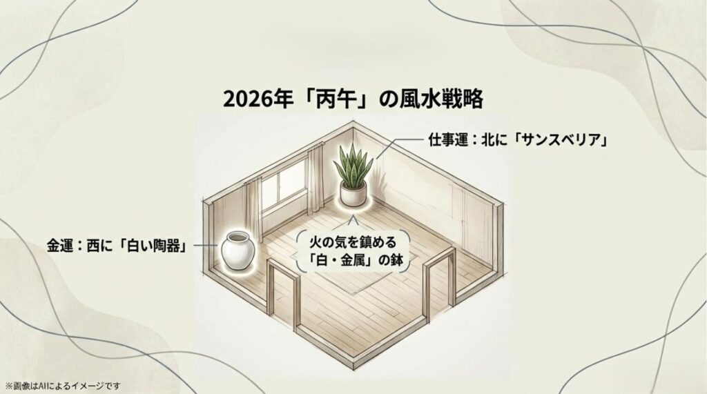 西に白い陶器、北にサンスベリア、火の気を鎮める白・金属の鉢といった2026年の開運ポイントをまとめたスライド