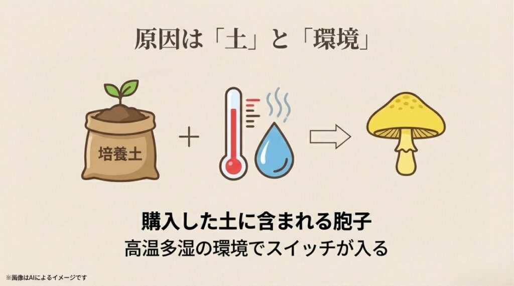 購入した培養土に含まれる胞子が、高温多湿の環境によってきのこへ成長するプロセスを示した図解イラスト