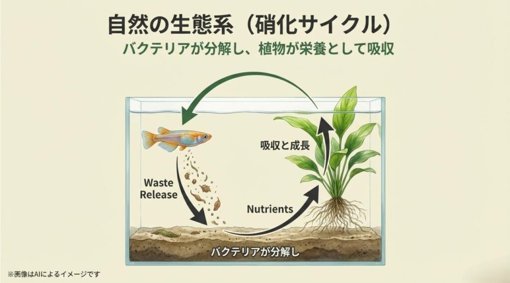 メダカの排泄物をバクテリアが分解し、植物が栄養として吸収する、室内水槽内での自然の生態系サイクル図解