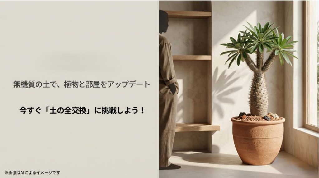 無機質の土で植物と部屋をアップデートすることを提案し、土の全交換に挑戦を促すまとめのスライド