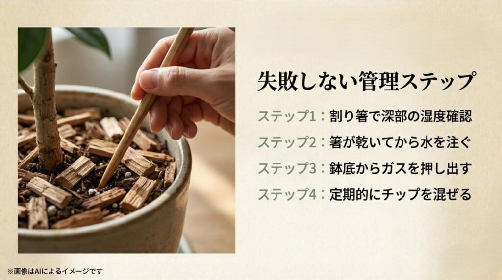 割り箸で深部の湿度を確認し、乾いてからたっぷり水を与え、定期的にチップを混ぜるという管理手順のスライド
